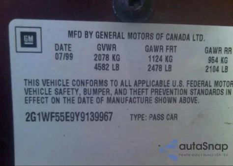 2000 Chevrolet Impala из США, поврежденный, VIN 2G1WF55E9Y9139967